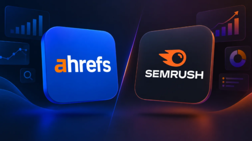 Ahrefs vs Semrush SEO tools comparison featuring both platform logos and analytics graphics.