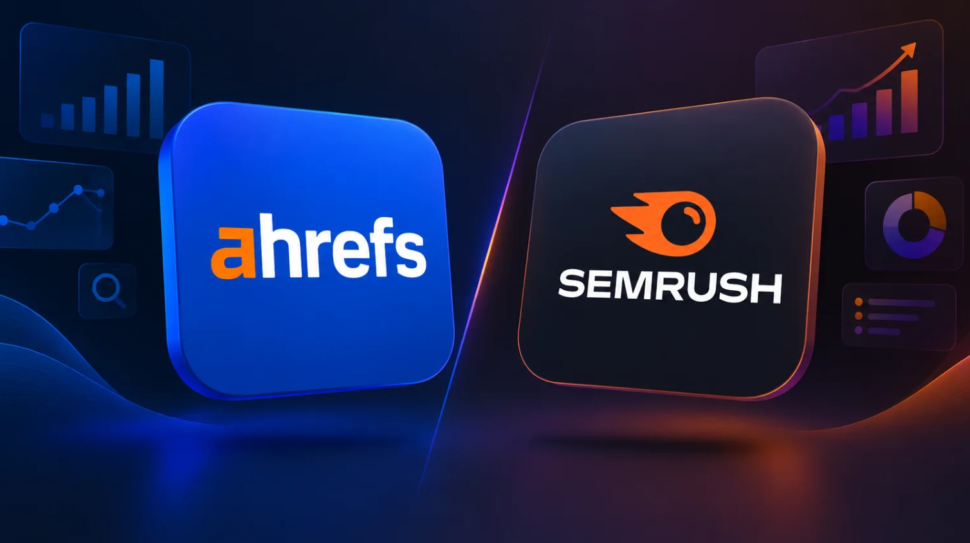 Ahrefs vs Semrush SEO tools comparison featuring both platform logos and analytics graphics.