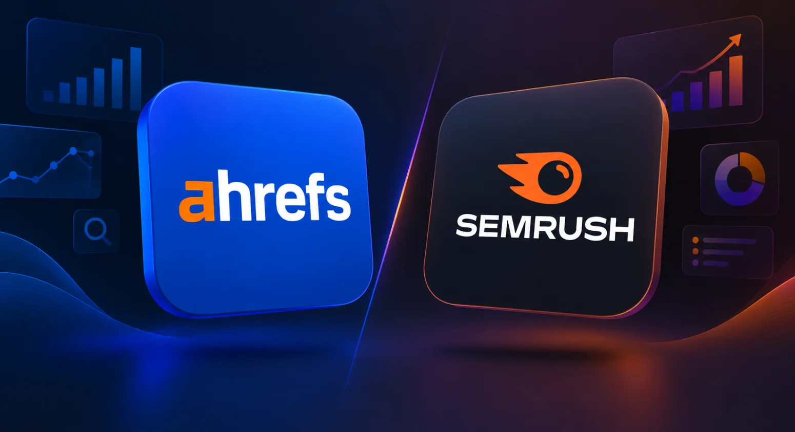 Ahrefs vs Semrush SEO tools comparison featuring both platform logos and analytics graphics.